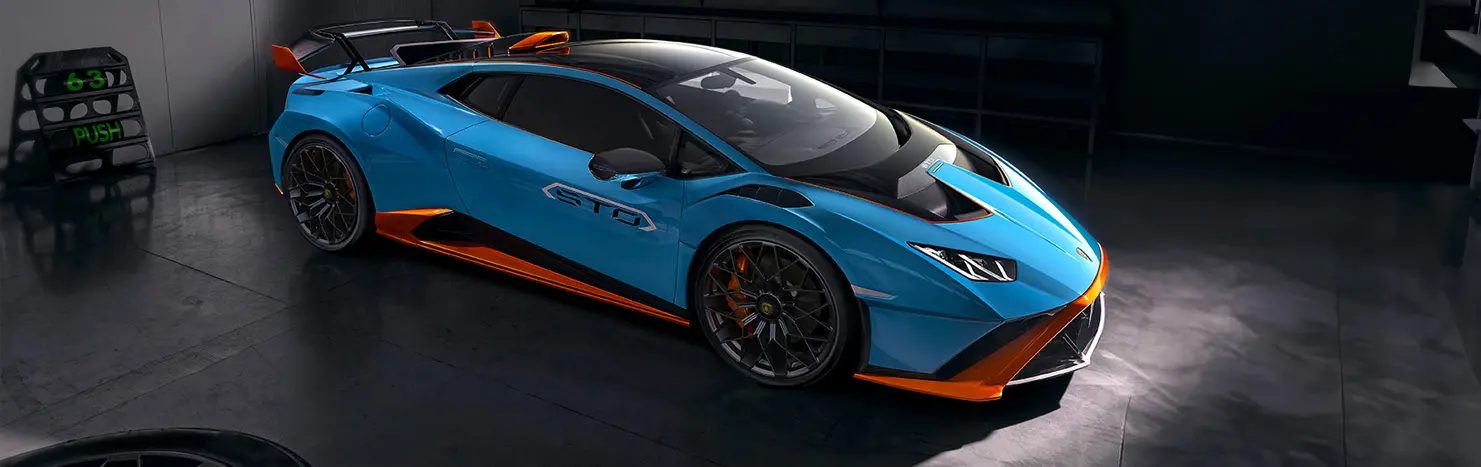 Imagen exterior del Lamborghini Huracán STO, ángulo de visión frontal del lado del pasajero desde arriba.